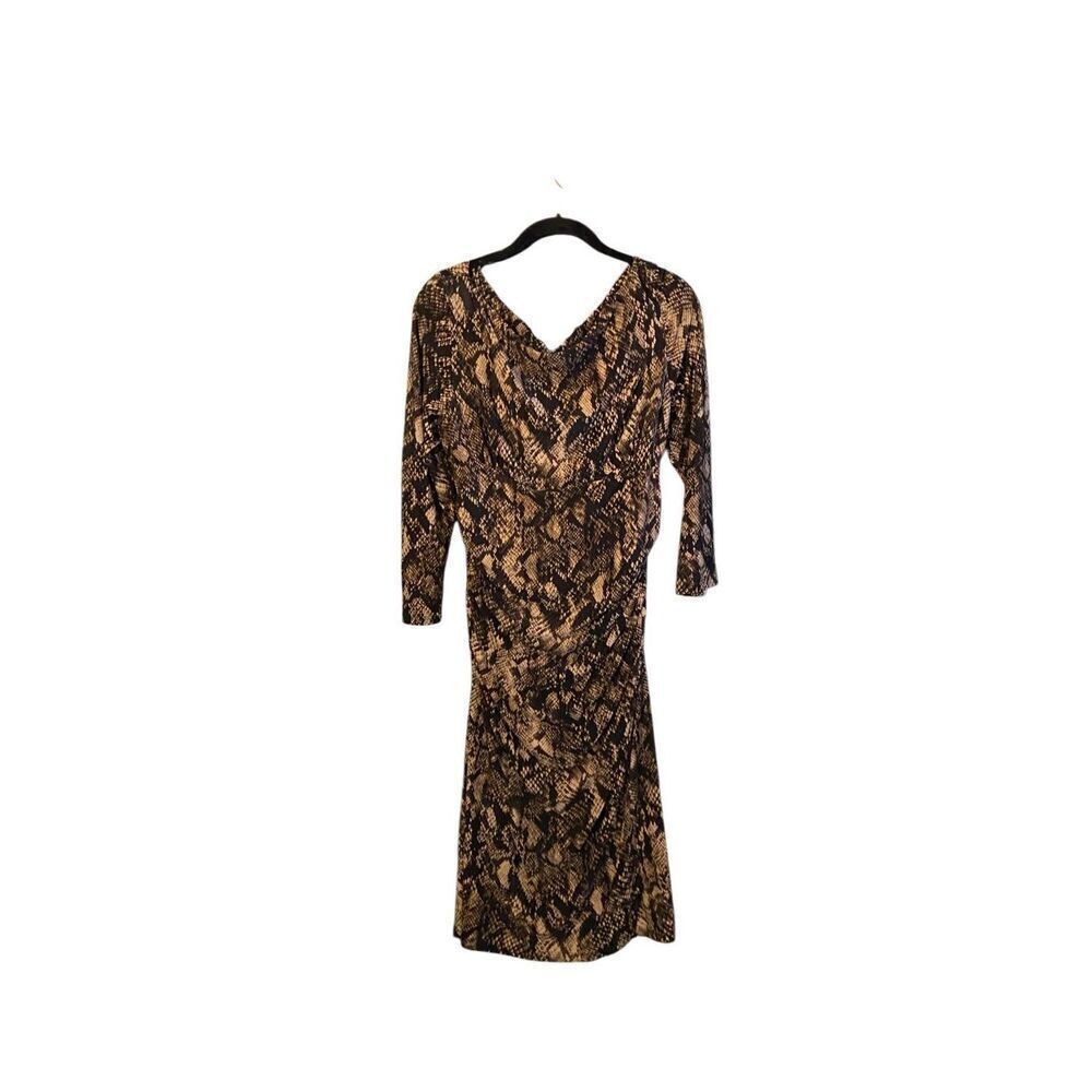 Lauren Ralph, Lauren snakeskin print brown 34 sleeve ruched dress size 12 